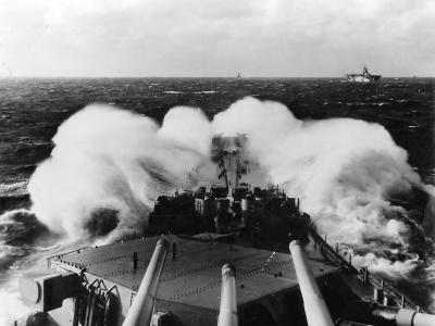 Battleship USS Missouri ploughing thru rough seas en route to Japan 1945