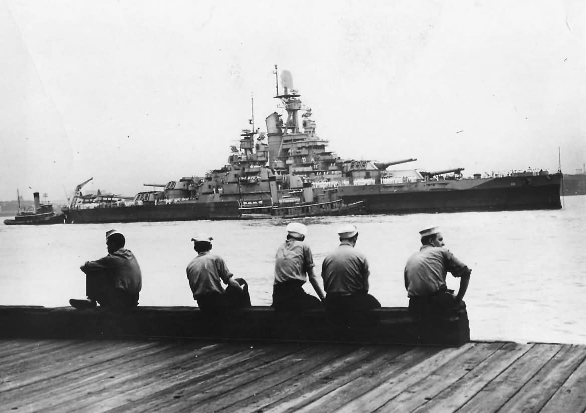 Battleship USS Nevada BB-36 Coming Up Hudson River 1944