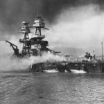 Burning USS NEVADA BB-36 during Japanese Attack on Pearl Harbor – December 7, 1941