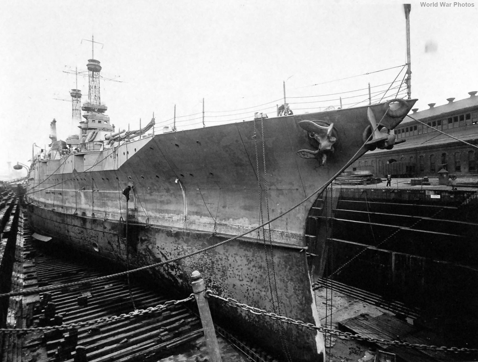 USS New Mexico bow view in dry-dock at the GE Co. 10 June 1918