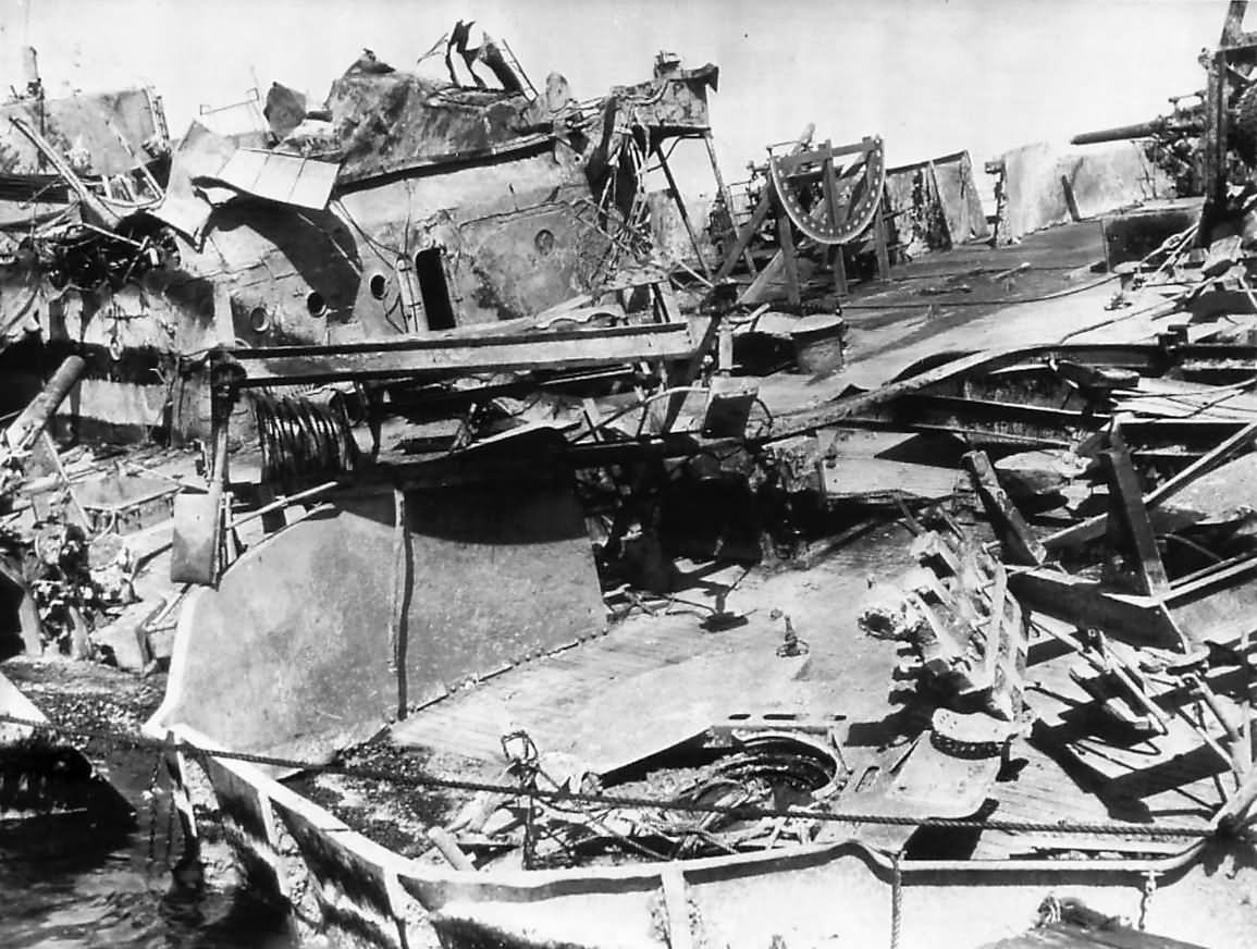 Devastation on deck of USS Oklahoma 1943