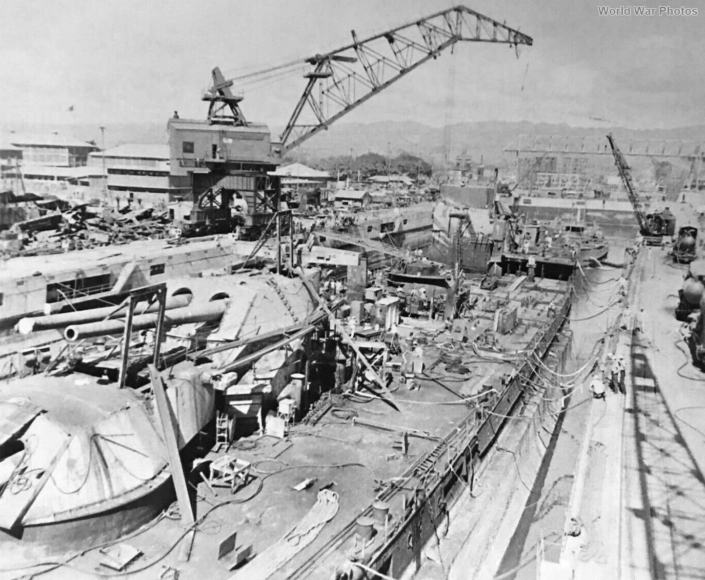 Battleship USS Oklahoma in dry dock at Pearl Harbor 1944