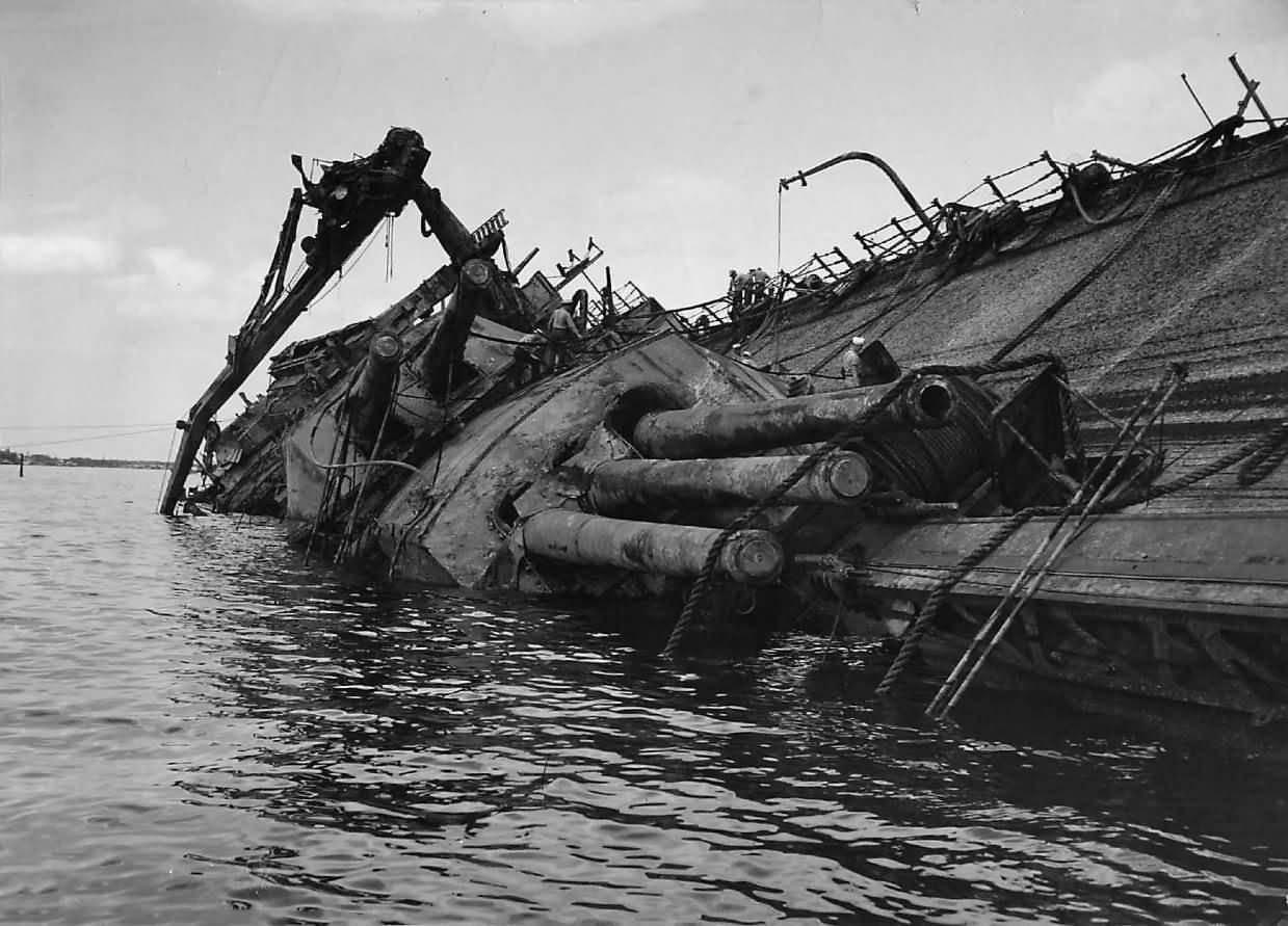 Wreckage of Battleship USS Oklahoma (BB-37) Raised After Pearl Harbor Attack 1943