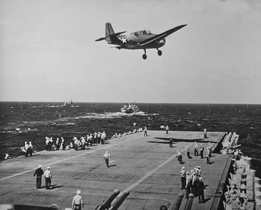USS Ranger the pilot of a Grumman TBF Avenger drops a message