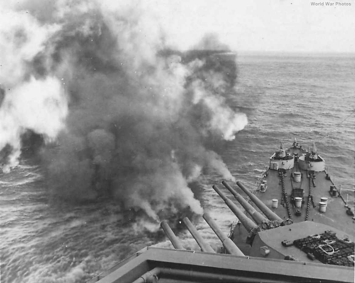 Cruiser USS San Francisco firing on Wake Island 1943