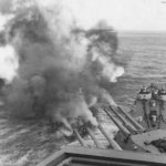 Cruiser USS San Francisco firing on Wake Island 1943