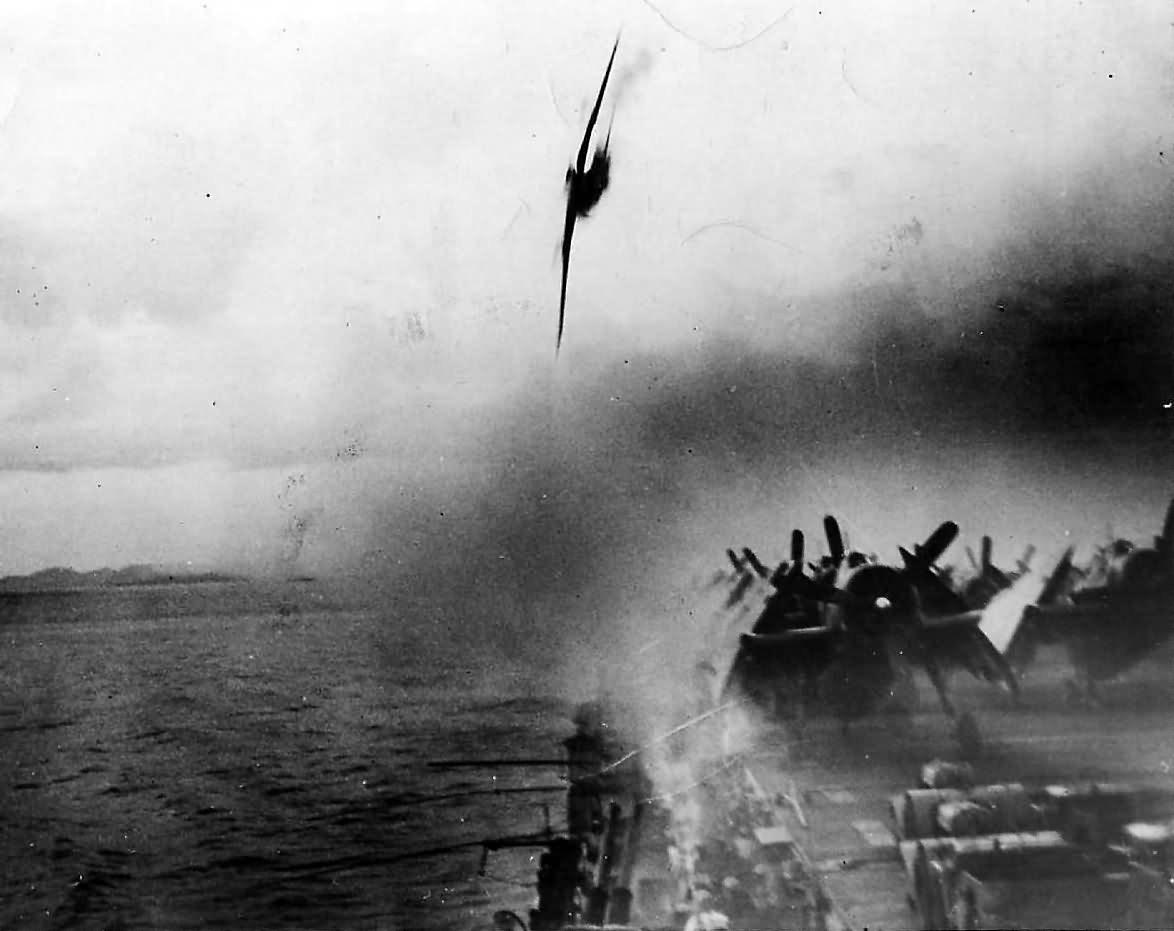 Japanese Kamikaze Near Miss on USS Sangamon CVE-26 off Ryukyu Islands May 1945