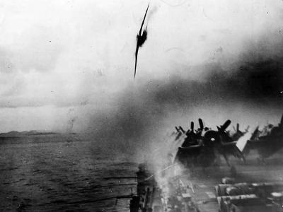 Japanese Kamikaze Near Miss on USS Sangamon CVE-26 off Ryukyu Islands May 1945