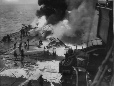 Fires aboard Saratoga after Japanese Attack off Chichi Jima 21 February 1945