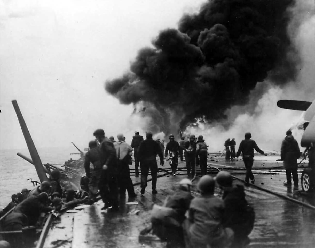 Fires aboard USS Saratoga (CV-3) after Kamikaze attack off Chichi Jima 21 February 1945