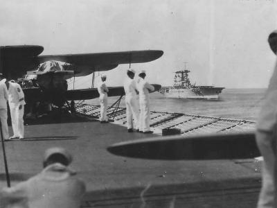 USS Lexington viewed from flight deck of USS Saratoga in 1932