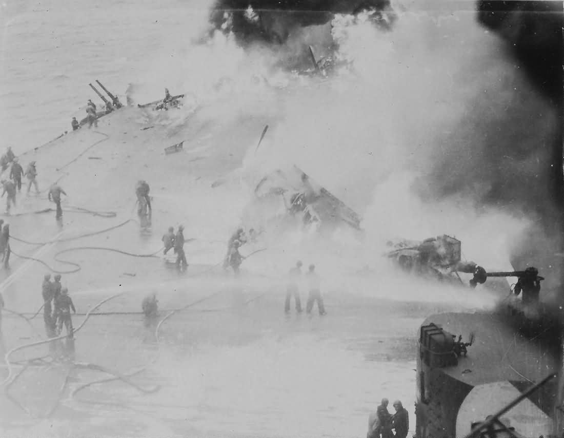 USS Saratoga CV-3 takes hits off Iwo Jima 21 February 1945