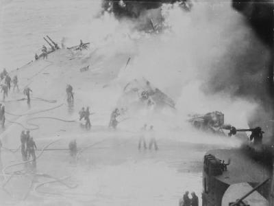 USS Saratoga CV-3 takes hits off Iwo Jima 21 February 1945