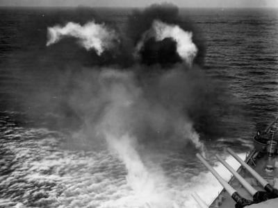 16 Inch main batteries fire salvo from Battleship USS South Dakota BB-57 1943