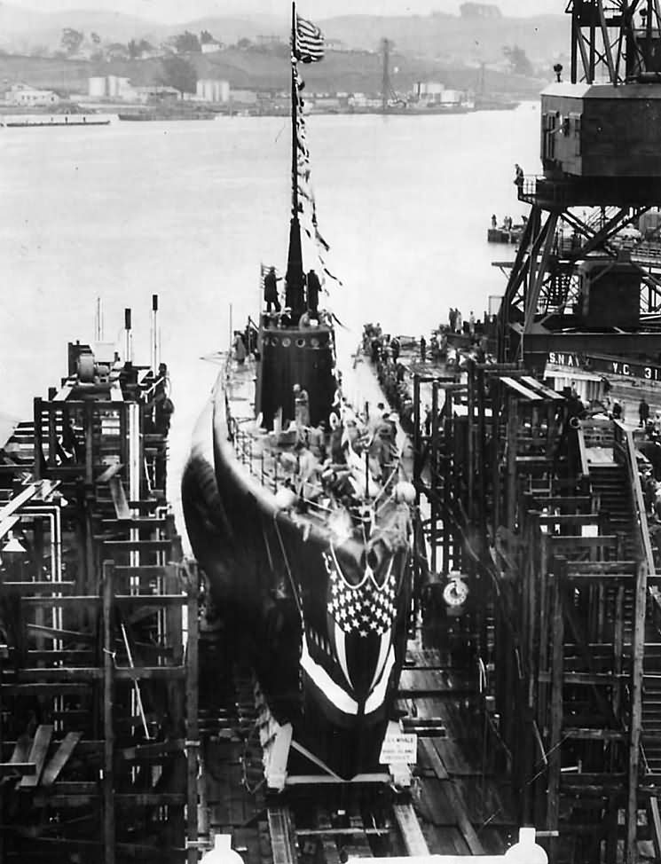 Launch of submarine USS Whale SS-239 at Mare Island navy yard in California 1942