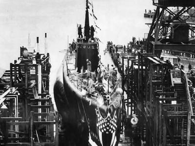 Launch of submarine USS Whale SS-239 at Mare Island navy yard in California 1942