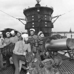 Crew on deck as submarine USS S-44 (SS-155) returns from patrol 1943