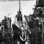 Launch of submarine USS Whale SS-239 at Mare Island navy yard in California 1942