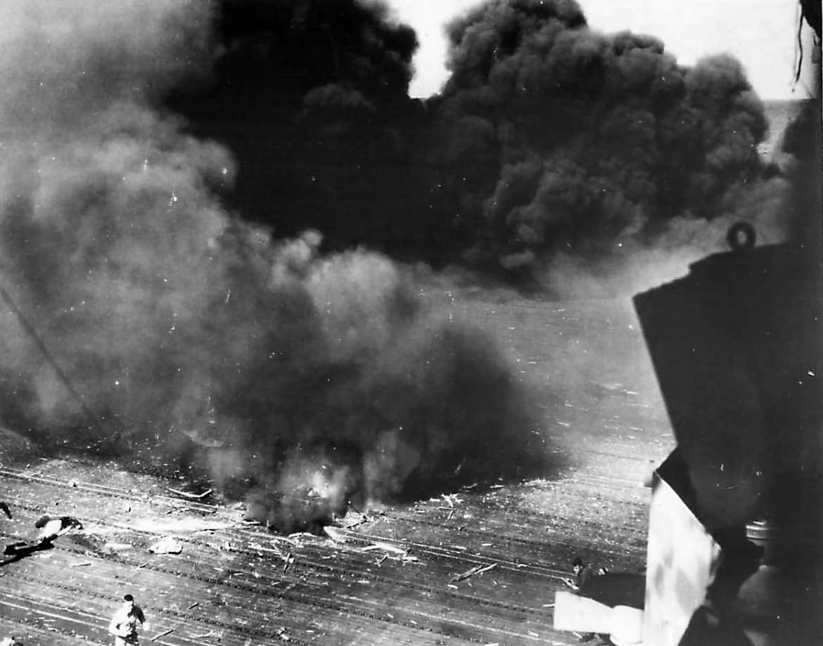 Kamikaze crashes on deck of USS Ticonderoga (CV-14) off Formosa 21 January 1945