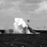 Japanese Kamikaze crashes near USS Ticonderoga off Philippines 1945