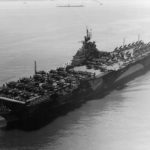 Aircraft carrier USS Ticonderoga (CV-14) underway at Hampton Roads 26 June 1944