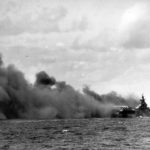 USS Ticonderoga CV-14 after being hit by two Kamikaze Planes Off Formosa Taiwan January 1945