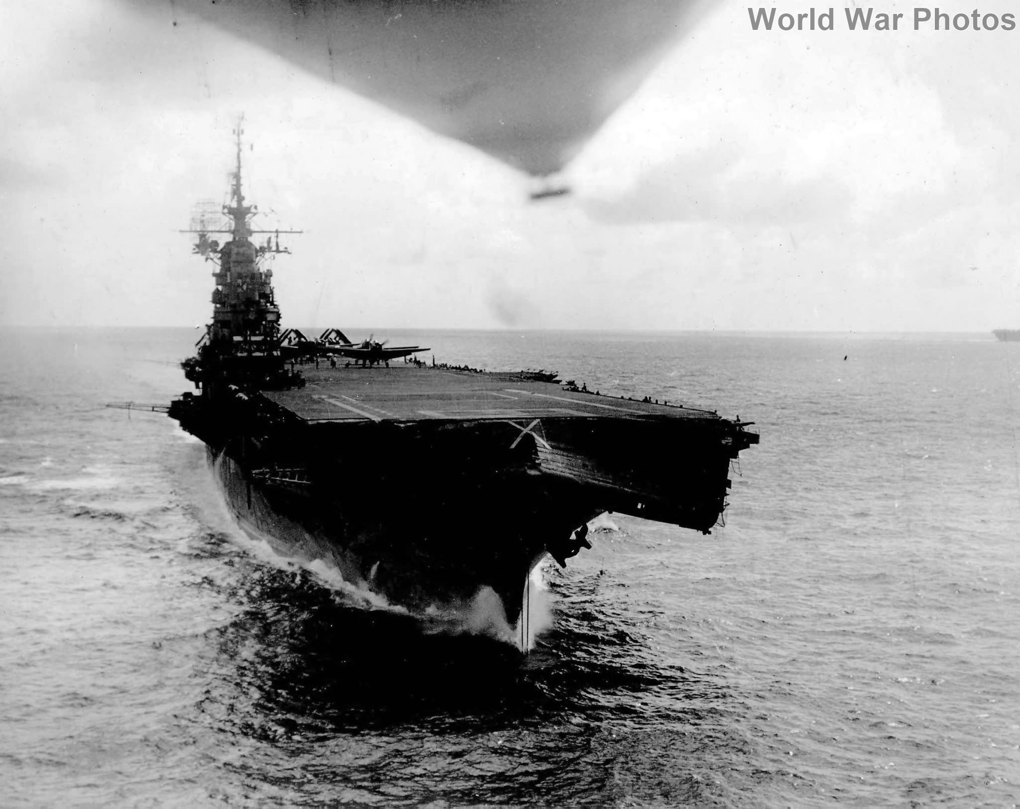 Damage to USS Wasp after she endured a 26 August 1945 typhoon off Japan