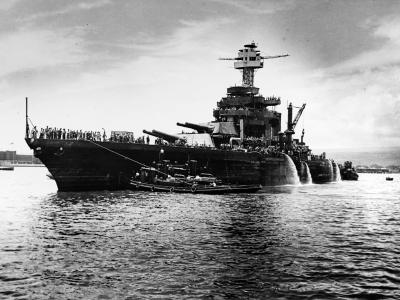 USS West Virginia (BB-48) approaching drydock at Pearl Harbor Navy Yard on 8 June 1942
