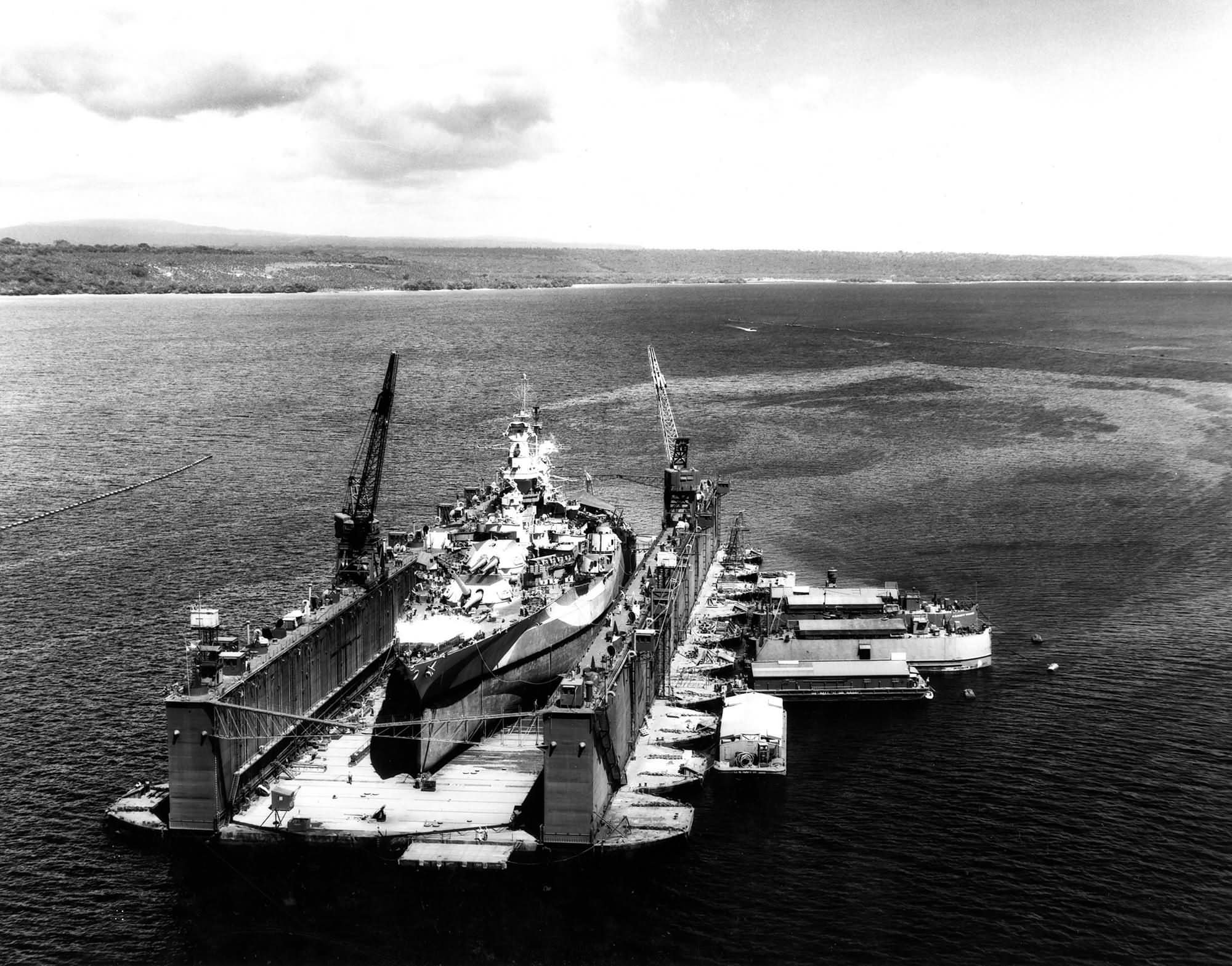 Battleship USS West Virginia BB-48 in floating drydock ABSD 1 off Aessi Island 13 November 1944