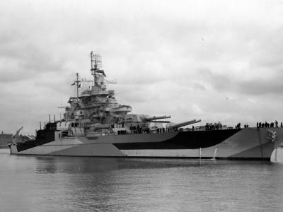 Battleship USS West Virginia off the Puget Sound Navy Yard Washington 2 July 1944 following reconstruction
