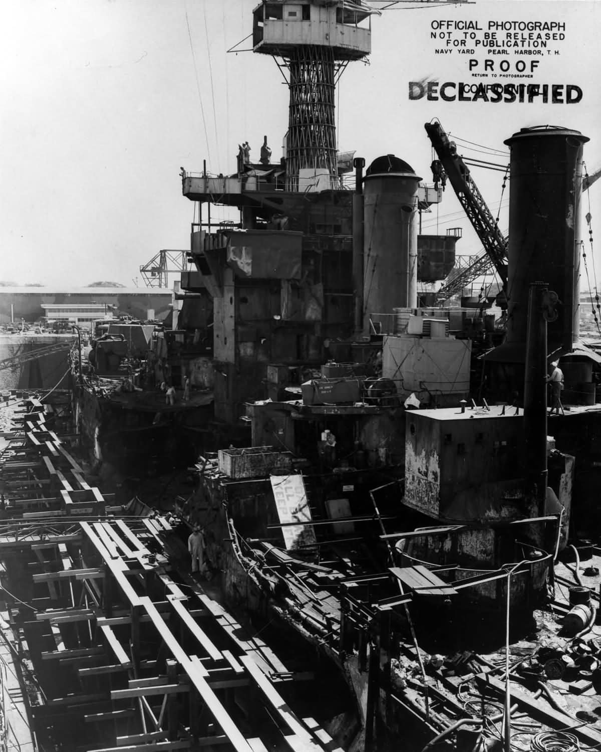 USS West Virginia (BB-48) n drydock No. 1 at the Pearl Harbor Navy Yard 17 June 1942