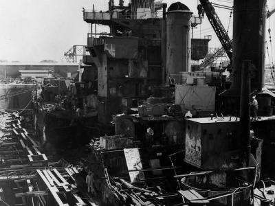 USS West Virginia (BB-48) n drydock No. 1 at the Pearl Harbor Navy Yard 17 June 1942