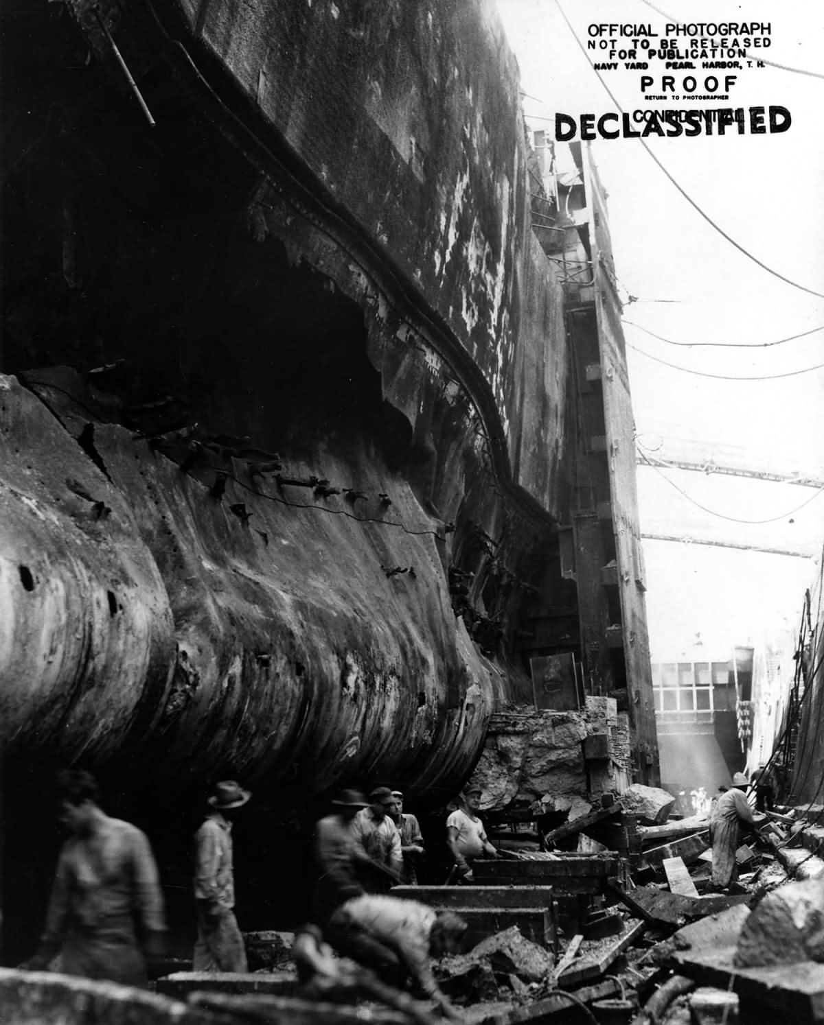 USS West Virginia (BB-48) – massive damage to hull plating inflicted by several Japanese Type 91 torpedoes