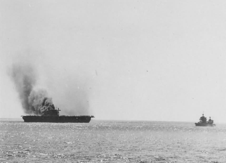 USS Yorktown CV-5 burning after Japanese attack Battle of Midway