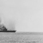 USS Yorktown CV-5 burning after Japanese attack Battle of Midway