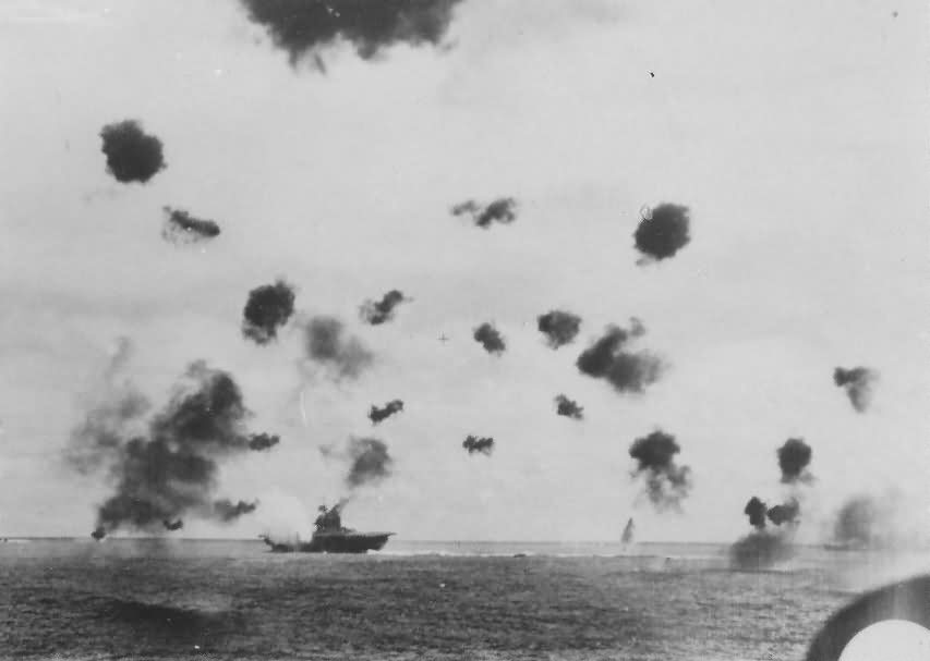 Aircraft carrier USS Yorktown CV-5 takes a bomb at Midway