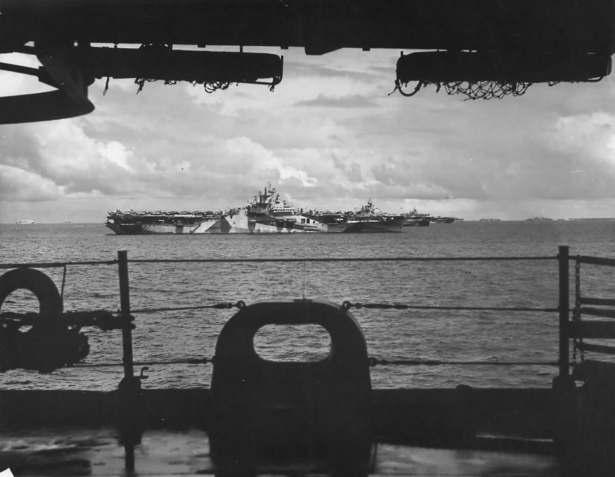 USS Yorktown at anchor with other carriers of U.S. 3rd Fleet, 1945