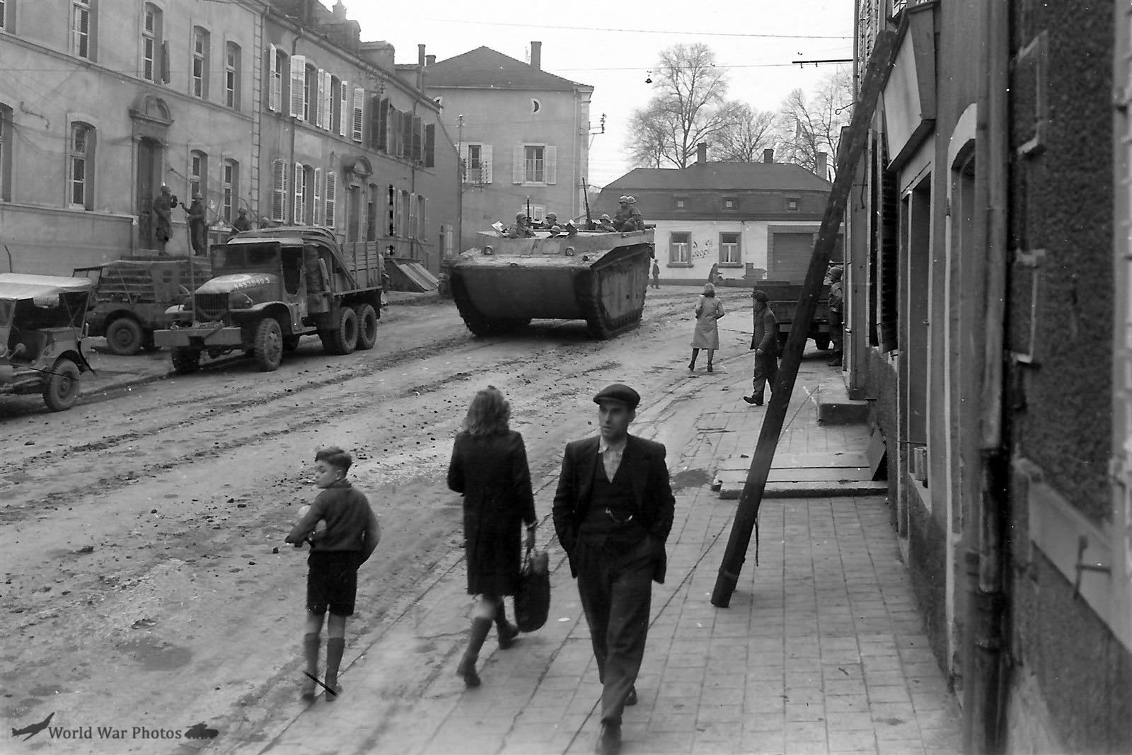 95th Infantry Division LVT and 2 1-2 Ton Trucks Saarlautern 2dec1945