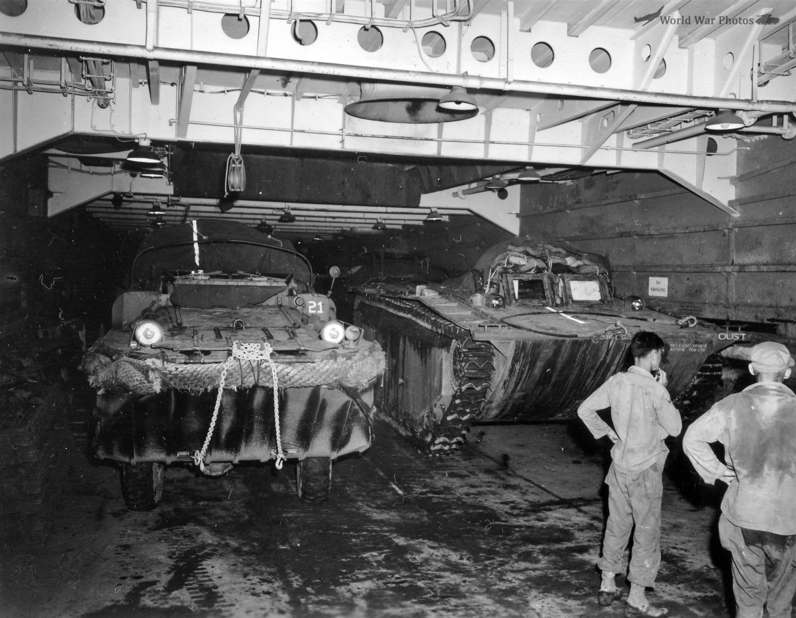 DUKW and LVT Amtrac in LST USS Maffin Bay New Guinea 26July 1944