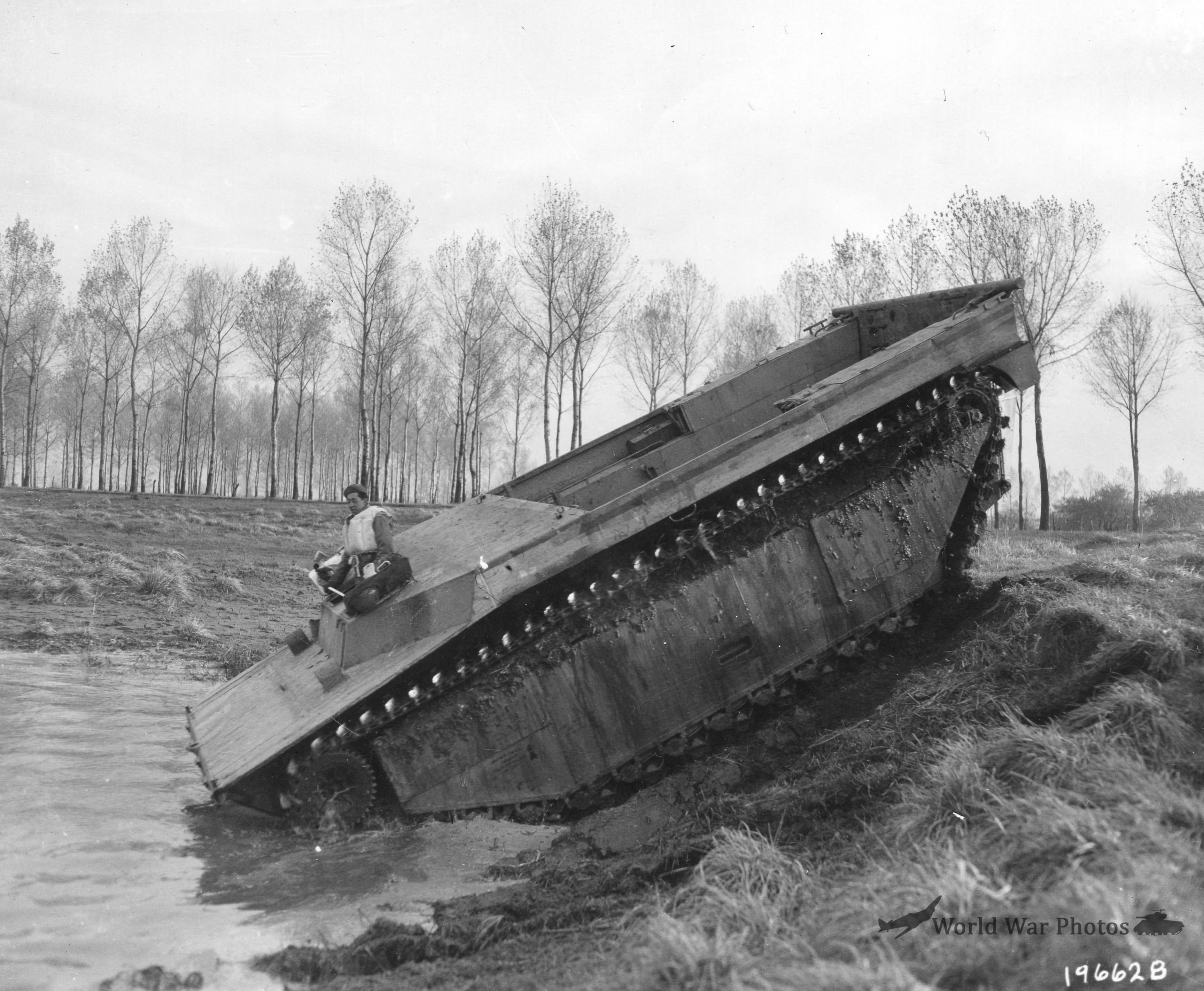 LVT is shown descending a 35 degree bank 9th US Army ETO 8 November 1944