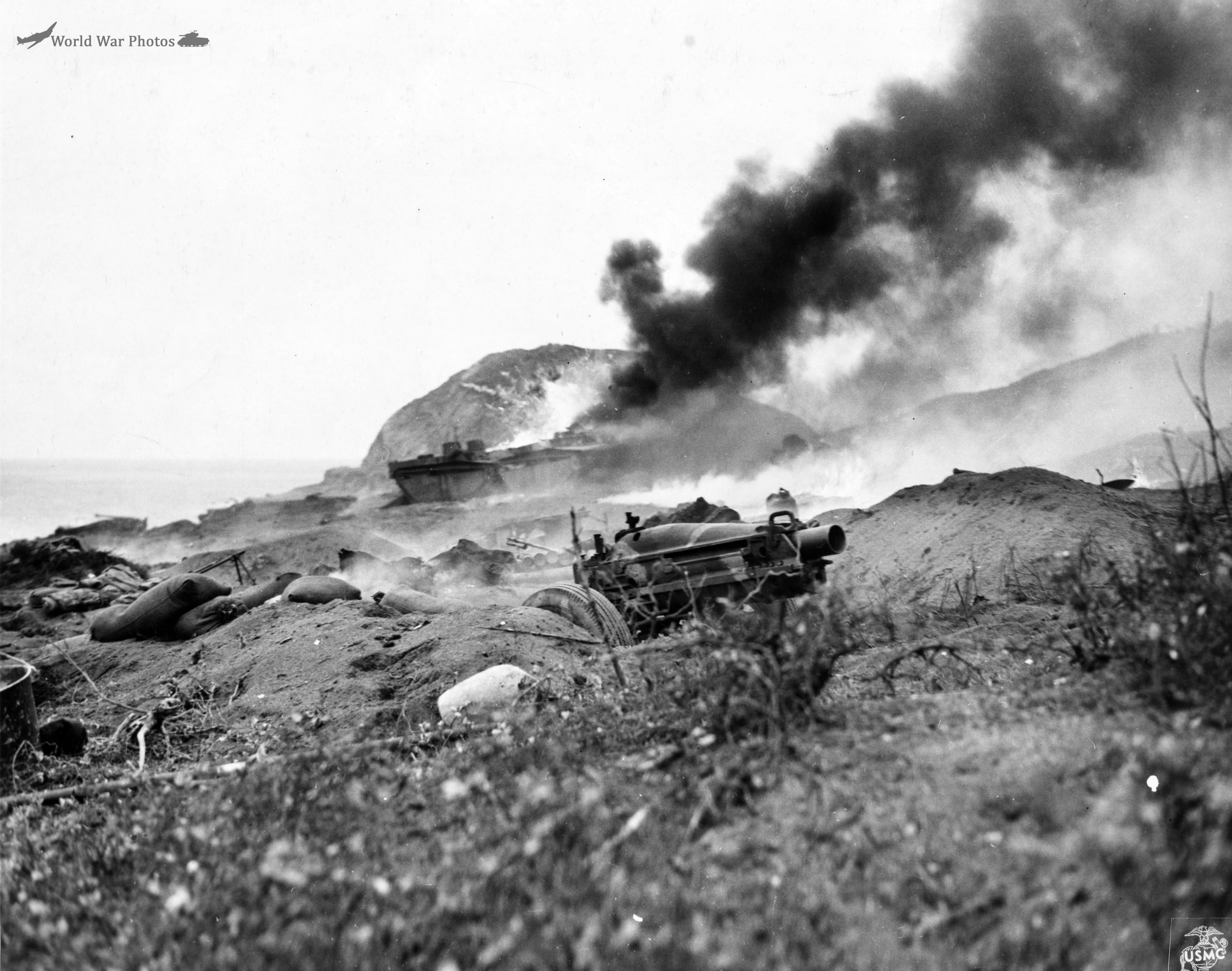 Marine Amtracs struck by Japanese mortar fire on Iwo Jima