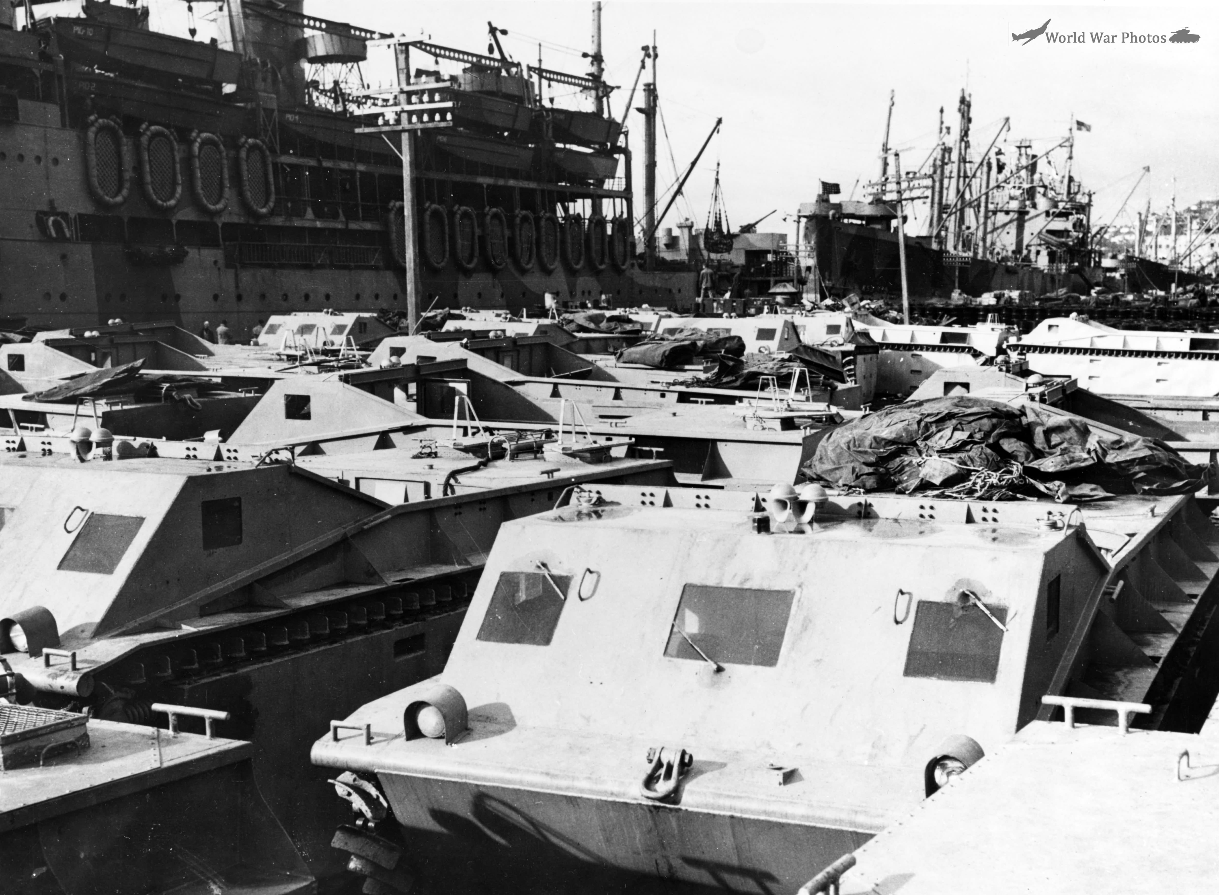 Marine Corps LVT-1 tractors on the dock at Wellington New Zealand 1942