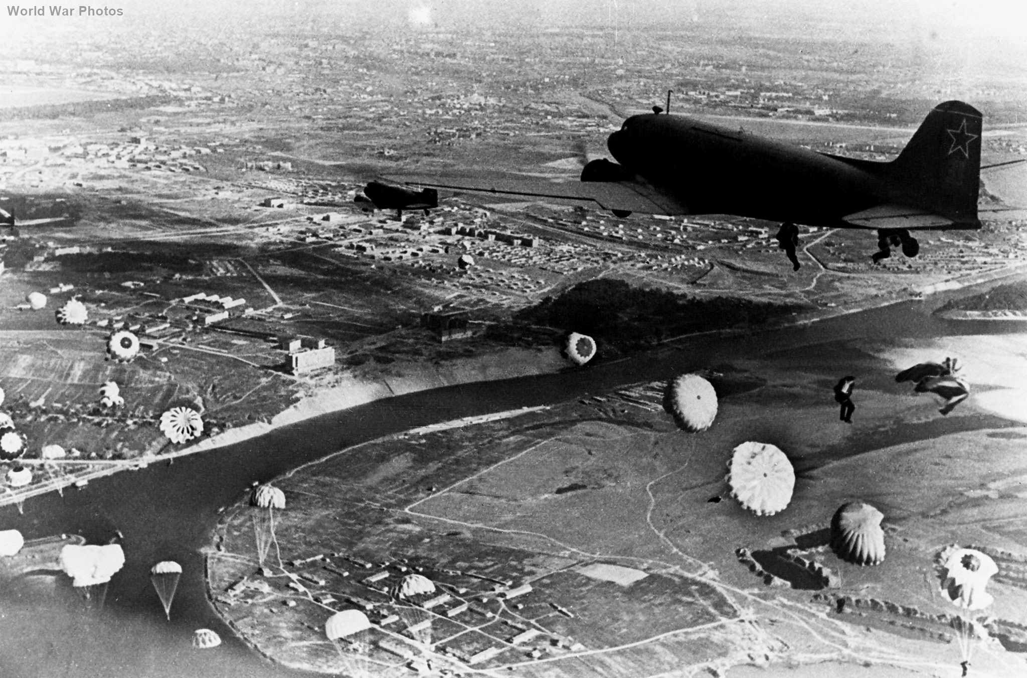 Paratroopers jumping from a Li-2 11 November 1944