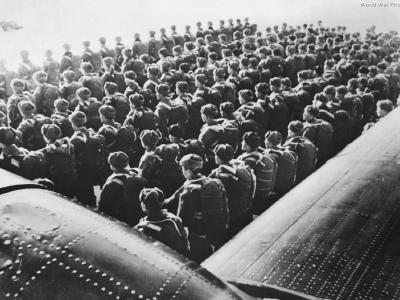Soviet paratroopers line up by PS-84 1942