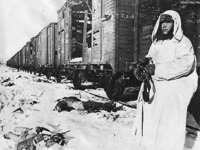 Soviet soldier stands guard among fallen Nazi troops 42