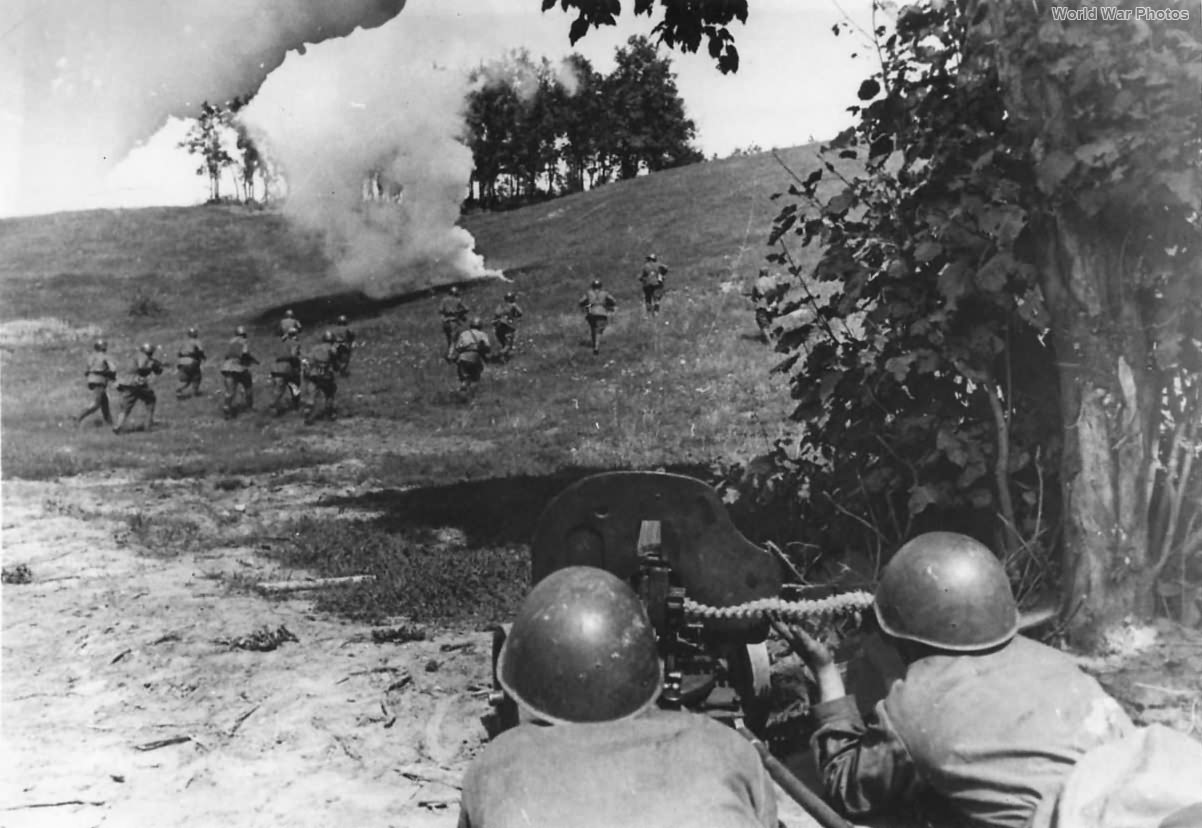 Under cover of MG fire Soviet soldiers storm enemy positions somewhere allong the Russian Front