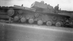 knocked out KV1 heavy tank with a bullet holes in its turret