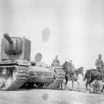 Heavy assault tank KV-2 and german Wehrmacht cavalry