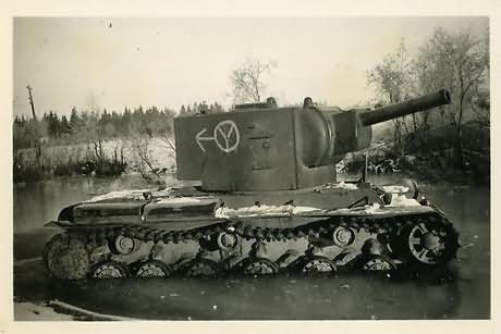 KV-2 heavy tank captured by the Germans – side of the turret is used as road sign