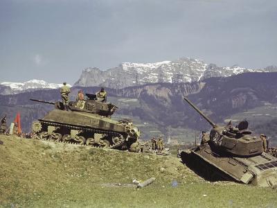 Soviet T-34/85 #924 and M4 Sherman #913 tanks color photo, Austria 1945